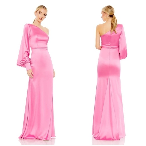 IEENA FOR MAC DUGGAL One Shoulder Bishop Sleeve Trumpet Gown In Candy Pink - Picture 1 of 7